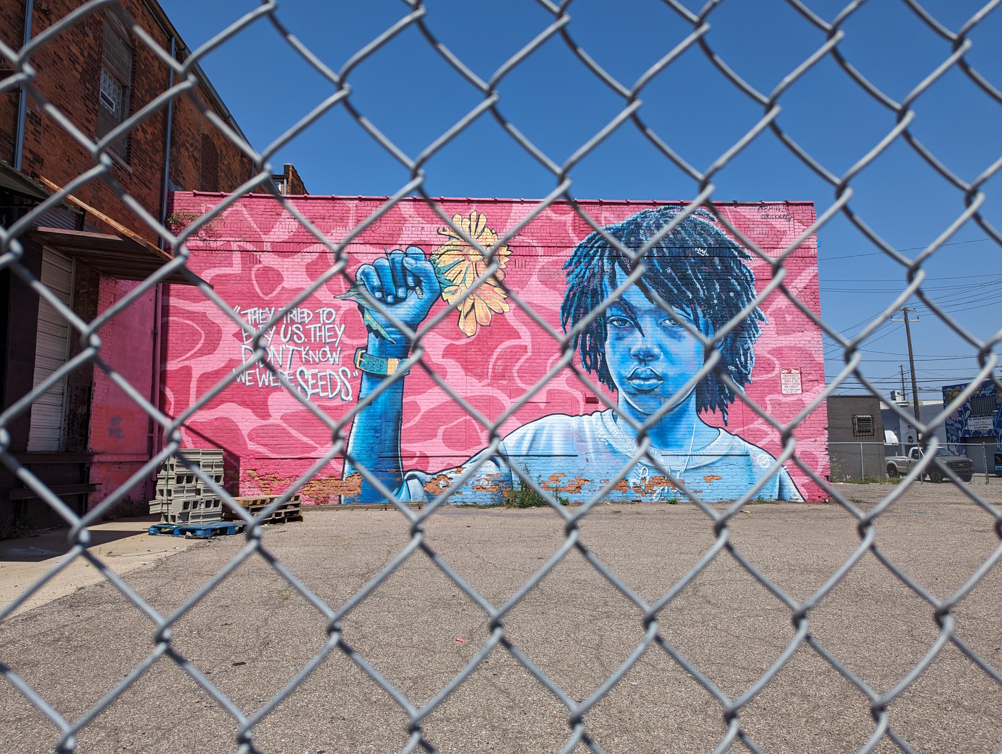 A photo of a mural, viewed through a chain link fence. The mural depicts a young Black person in shades of blue, holding a yellow flower against a pink background.